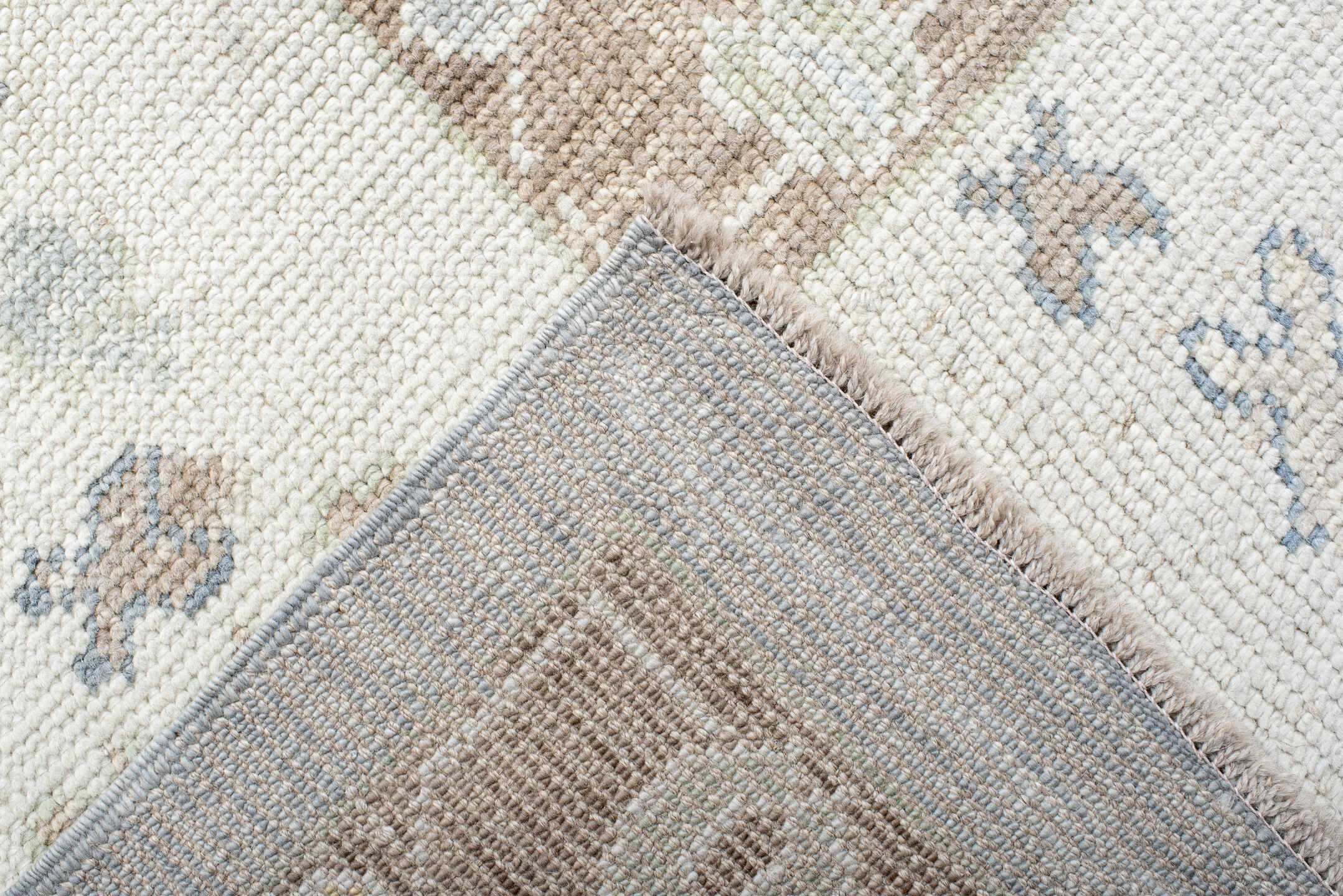 13' x 18' one-of-a-kind handmade vintage Oushak oversize rug. Color palette: pale blue, ivory, taupe, beige, gold
