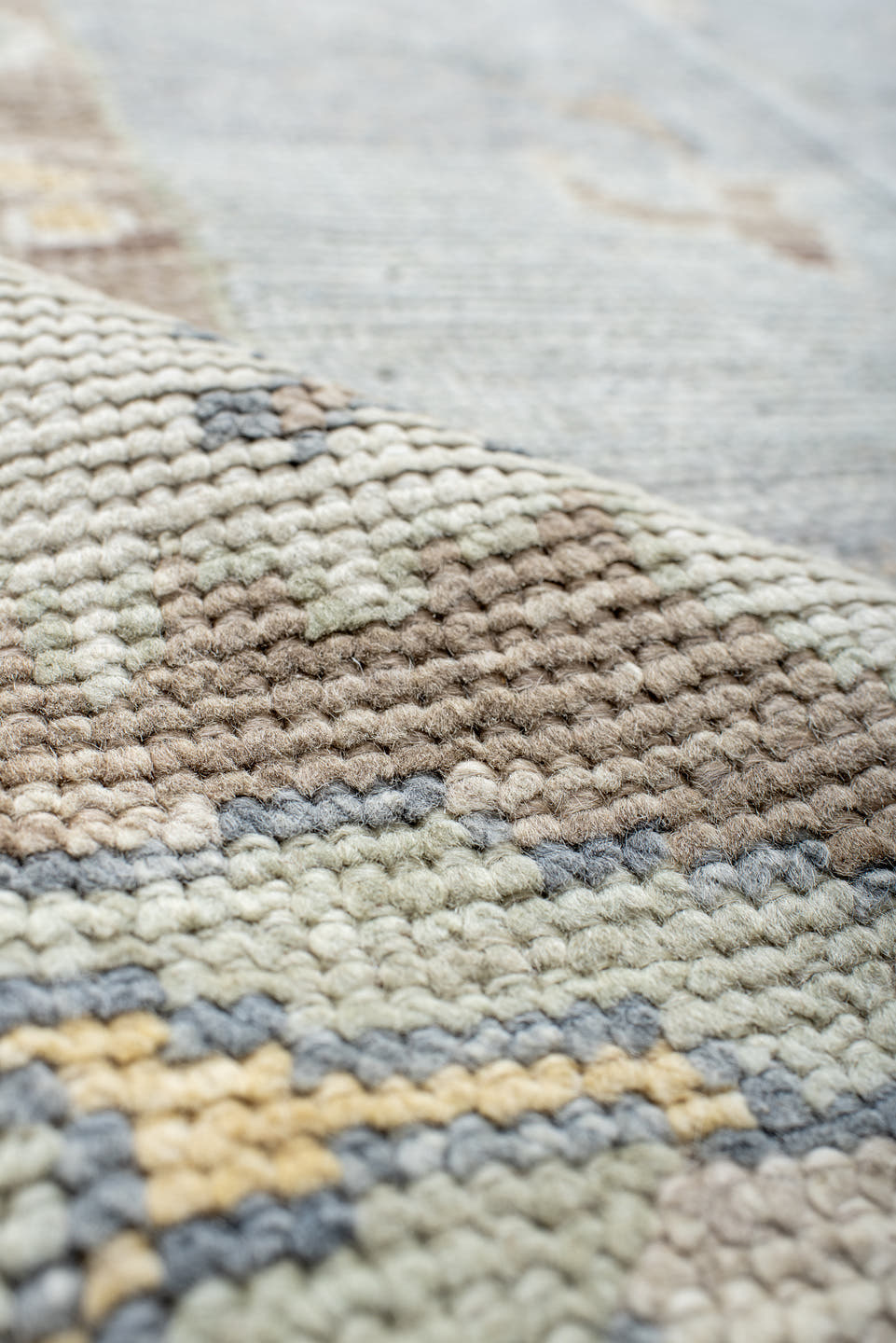 13' x 18' one-of-a-kind handmade vintage Oushak oversize rug. Color palette: pale blue, ivory, taupe, beige, gold