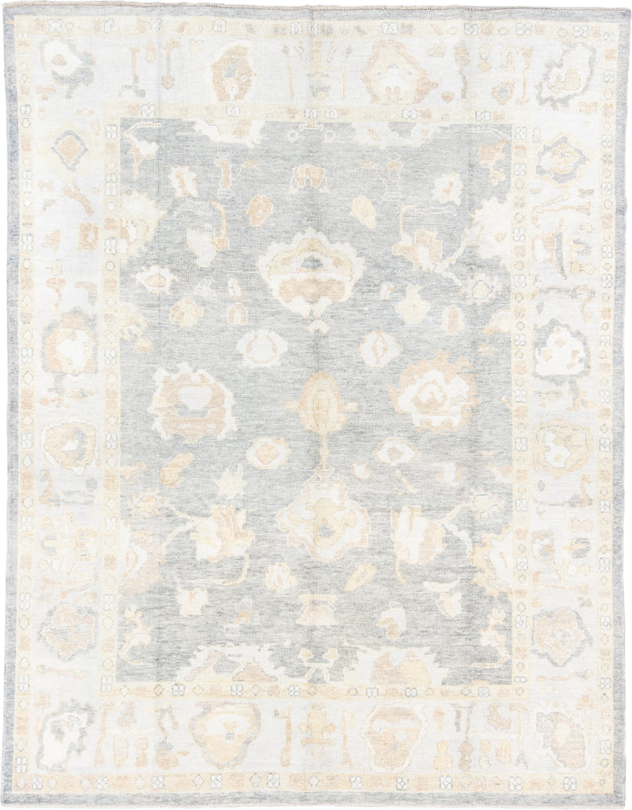 8' x 11' one-of-a-kind handmade vintage Oushak large size rug. Color palette: ivory, pale blue, cream, beige, taupe