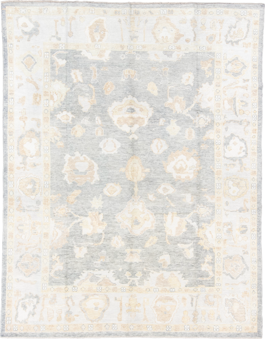 8' x 11' one-of-a-kind handmade vintage Oushak large size rug. Color palette: ivory, pale blue, cream, beige, taupe