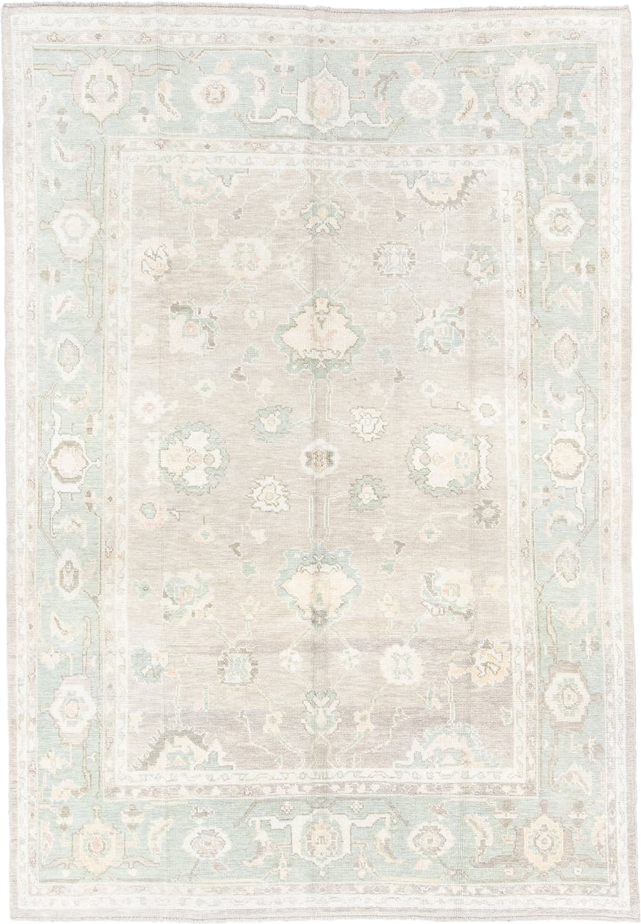 8' x 11' one-of-a-kind handmade vintage Oushak large size rug. Color palette: ivory, pale aqua, taupe, cream, sage, beige
