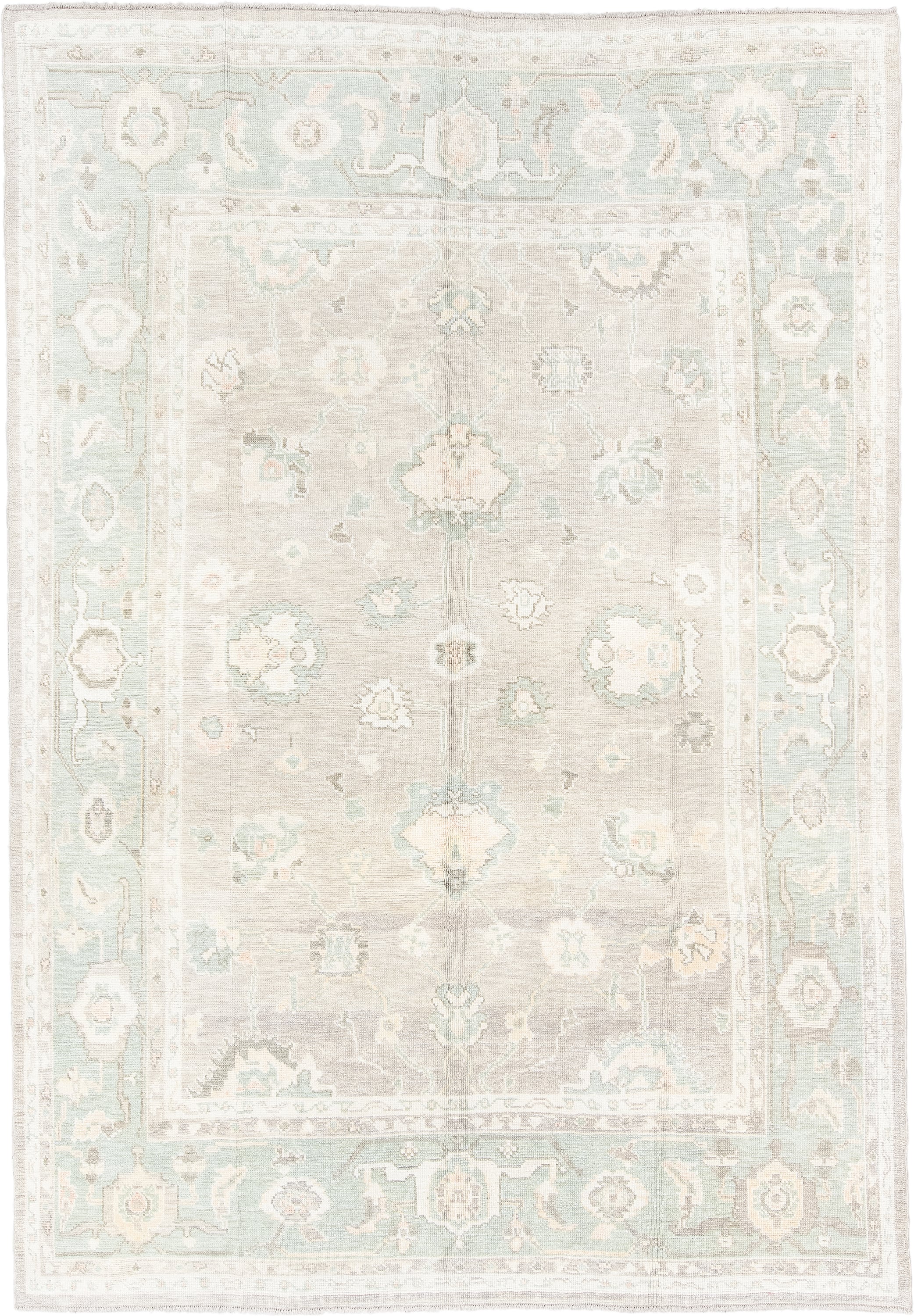 8' x 11' one-of-a-kind handmade vintage Oushak large size rug. Color palette: ivory, pale aqua, taupe, cream, sage, beige
