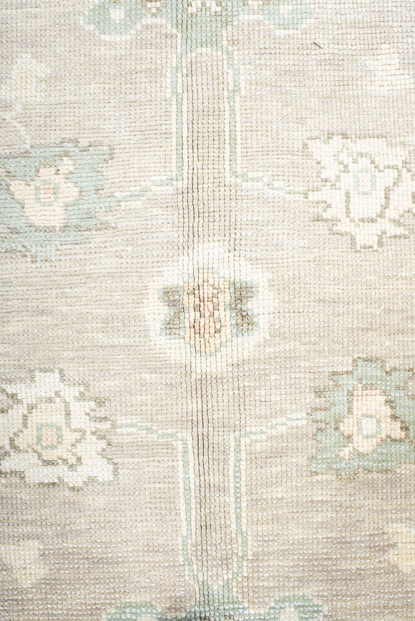 8' x 11' one-of-a-kind handmade vintage Oushak large size rug. Color palette: ivory, pale aqua, taupe, cream, sage, beige