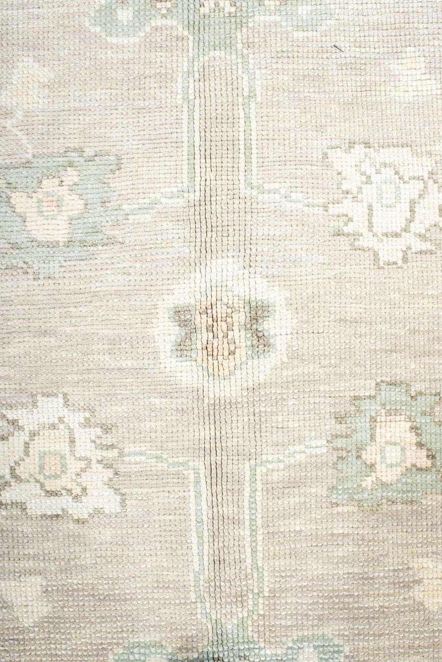 8' x 11' one-of-a-kind handmade vintage Oushak large size rug. Color palette: ivory, pale aqua, taupe, cream, sage, beige