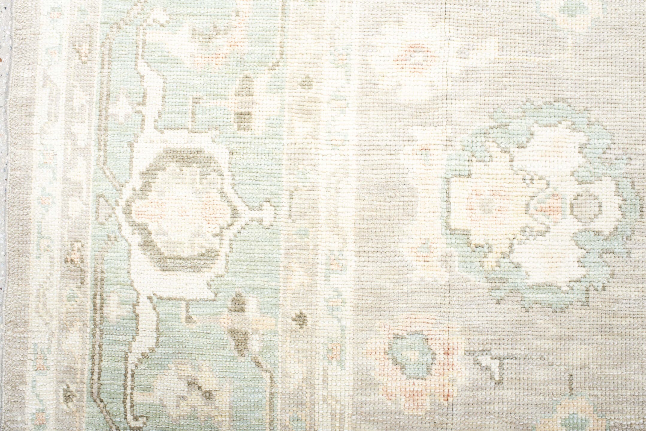 8' x 11' one-of-a-kind handmade vintage Oushak large size rug. Color palette: ivory, pale aqua, taupe, cream, sage, beige