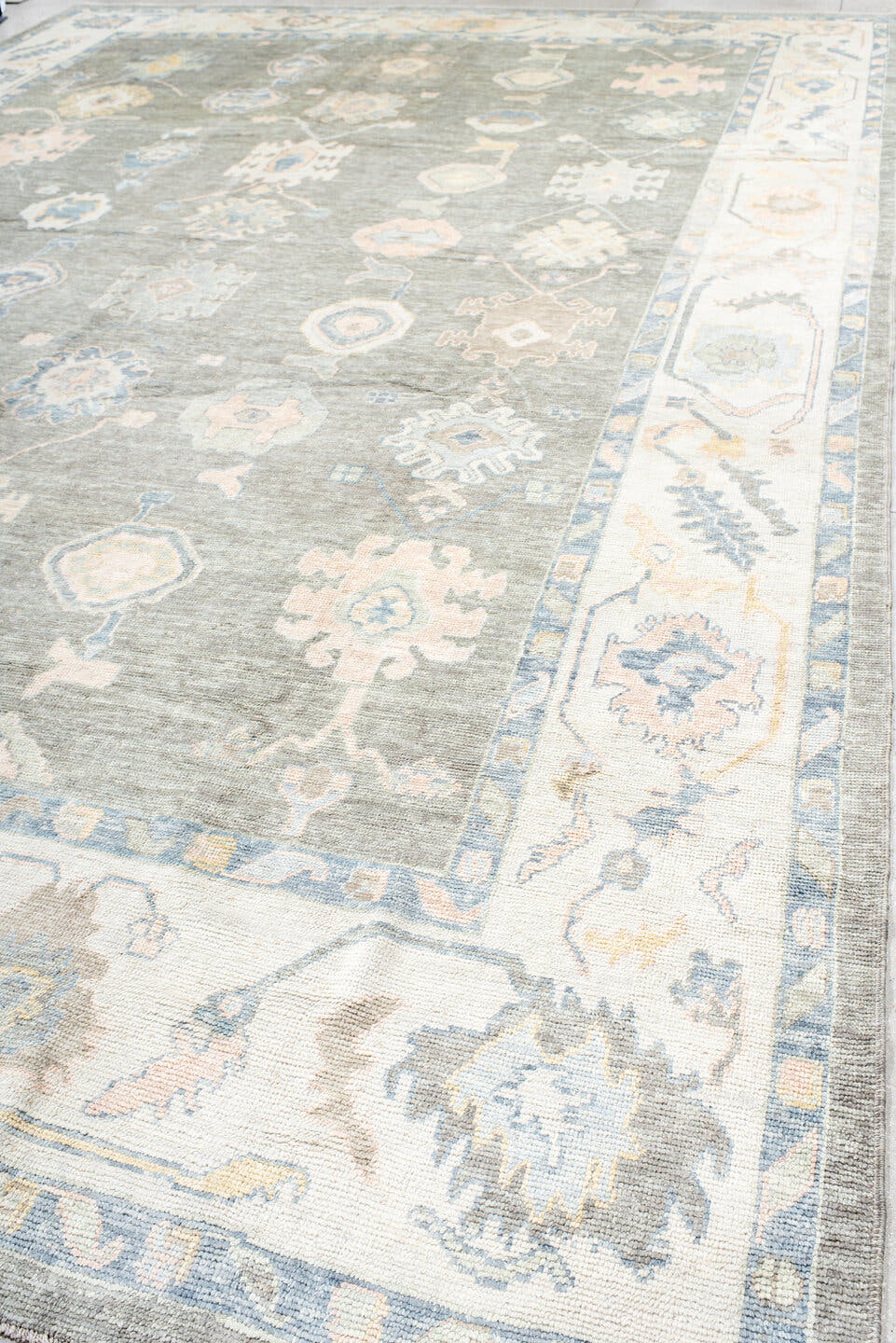13' x 20' one-of-a-kind handmade vintage Oushak oversize rug. Color palette: gray, ivory, sky_blue, taupe, soft_gold, cream