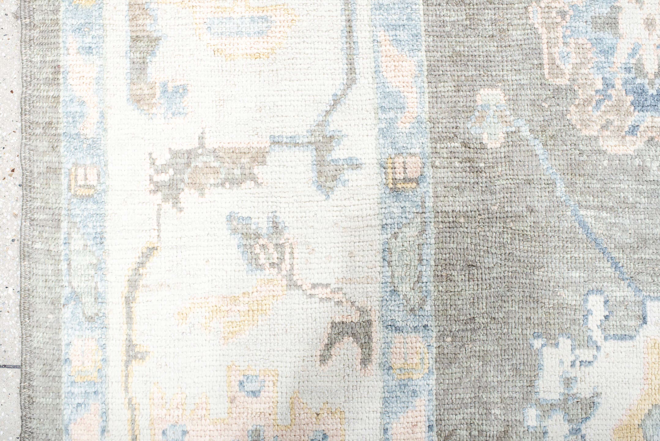 13' x 20' one-of-a-kind handmade vintage Oushak oversize rug. Color palette: gray, ivory, sky_blue, taupe, soft_gold, cream