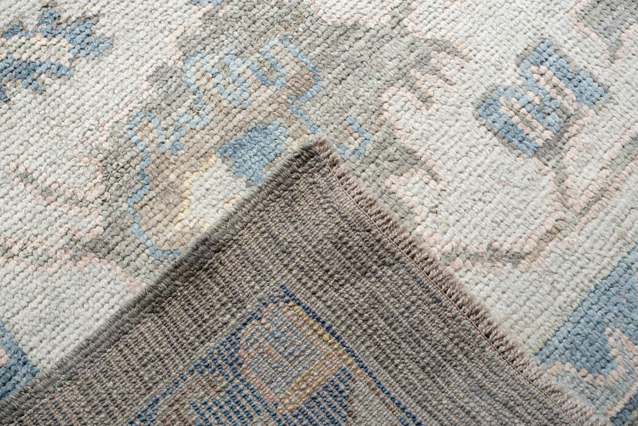 13' x 20' one-of-a-kind handmade vintage Oushak oversize rug. Color palette: gray, ivory, sky_blue, taupe, soft_gold, cream