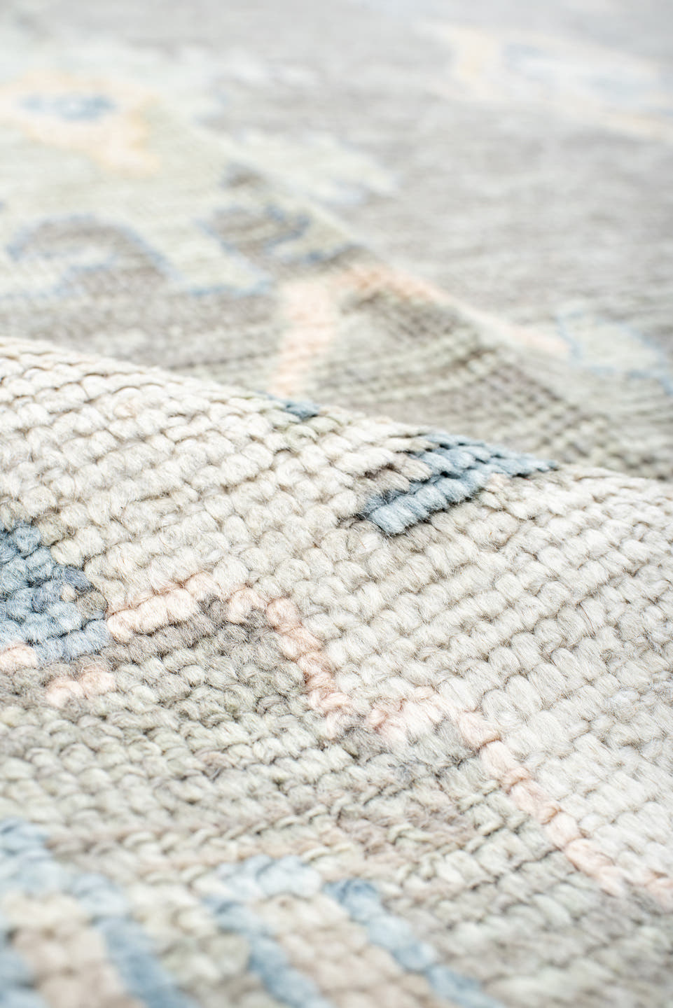 13' x 20' one-of-a-kind handmade vintage Oushak oversize rug. Color palette: gray, ivory, sky_blue, taupe, soft_gold, cream