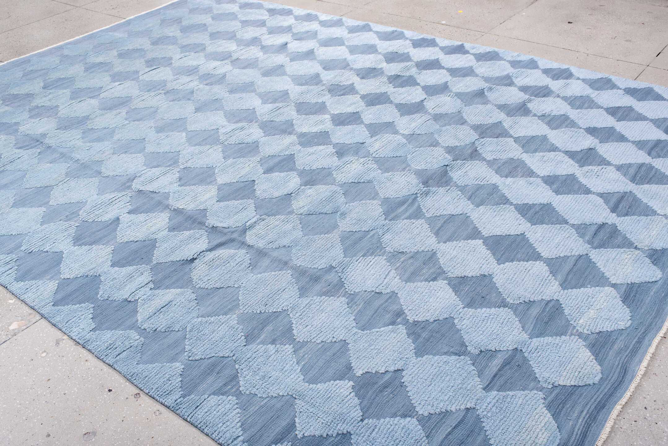9' x 12' one-of-a-kind handmade vintage Tulu large size rug. Color palette: blue, gray, light blue, light gray