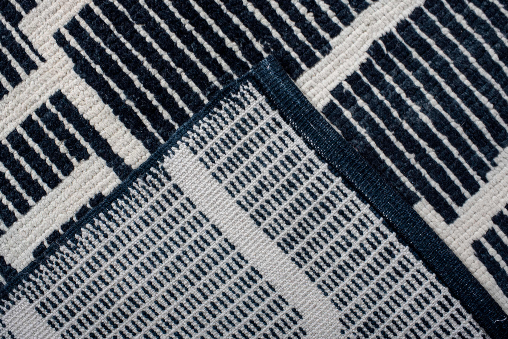 7' x 10' one-of-a-kind handmade vintage Tulu large size rug. Color palette: navy, ivory, blue