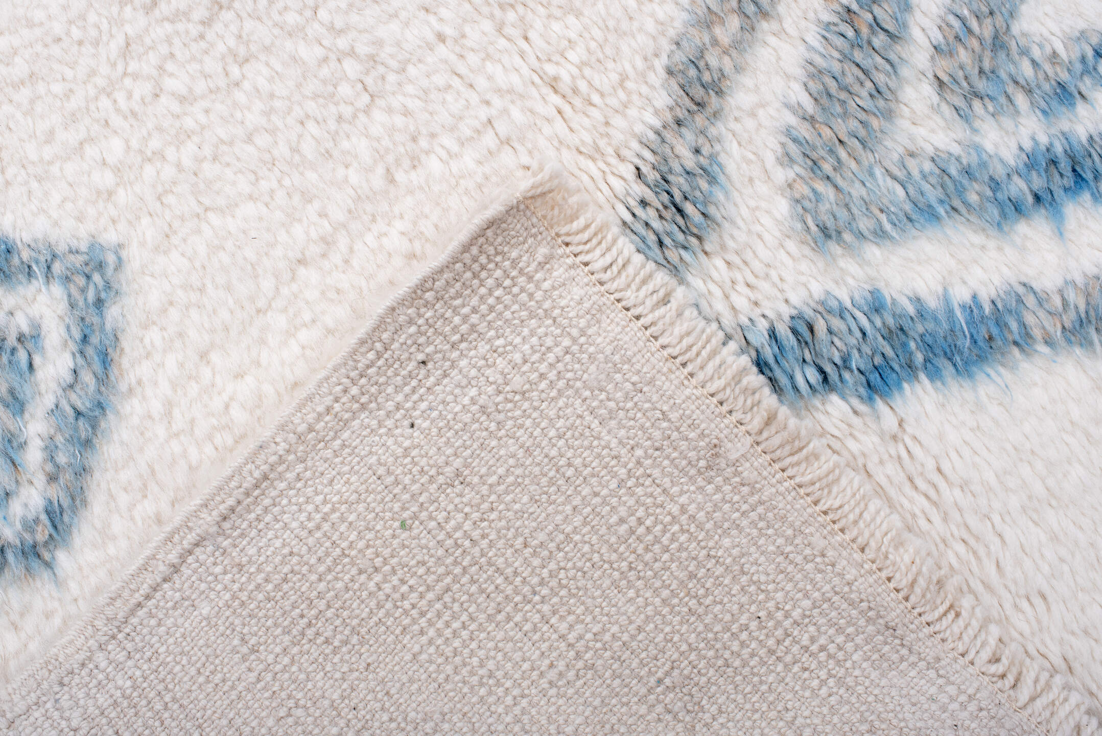 8' x 11' one-of-a-kind handmade vintage Moroccan large size rug. Color palette: blue, light blue, gray, off-white