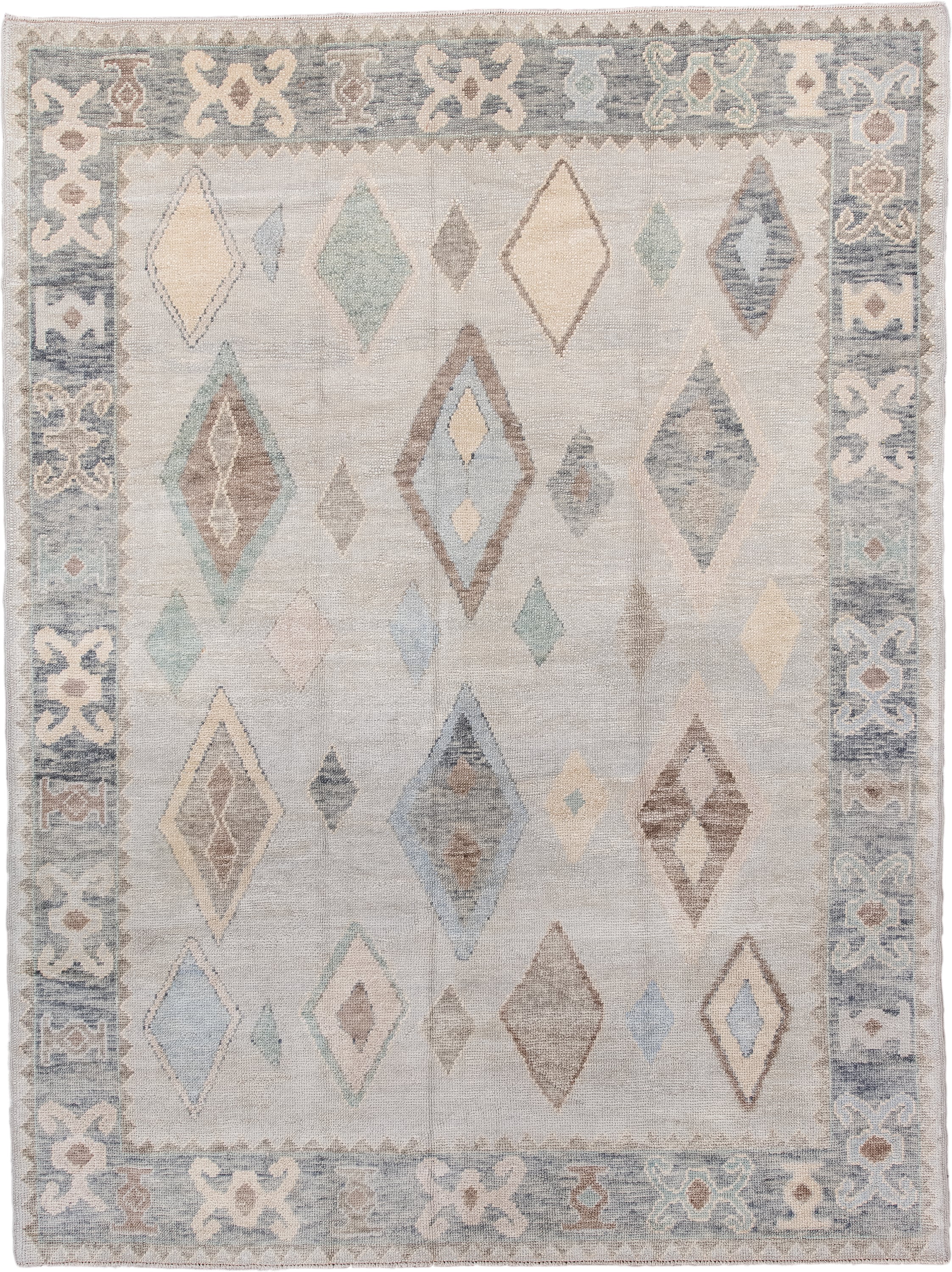 7' x 10' one-of-a-kind handmade vintage Oushak large size rug. Color palette: ivory, pale blue, taupe, cream, sage, camel