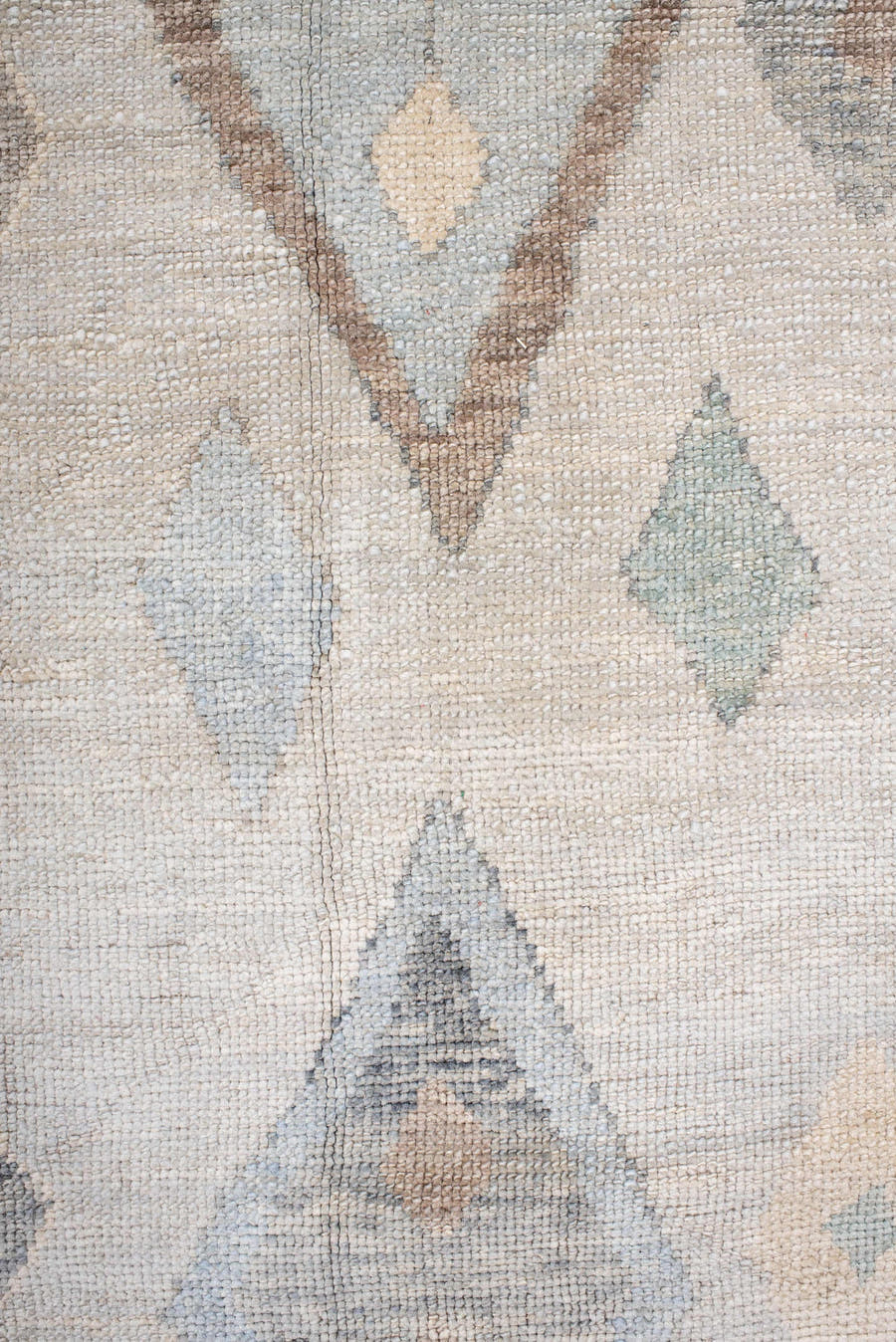 7' x 10' one-of-a-kind handmade vintage Oushak large size rug. Color palette: ivory, pale blue, taupe, cream, sage, camel