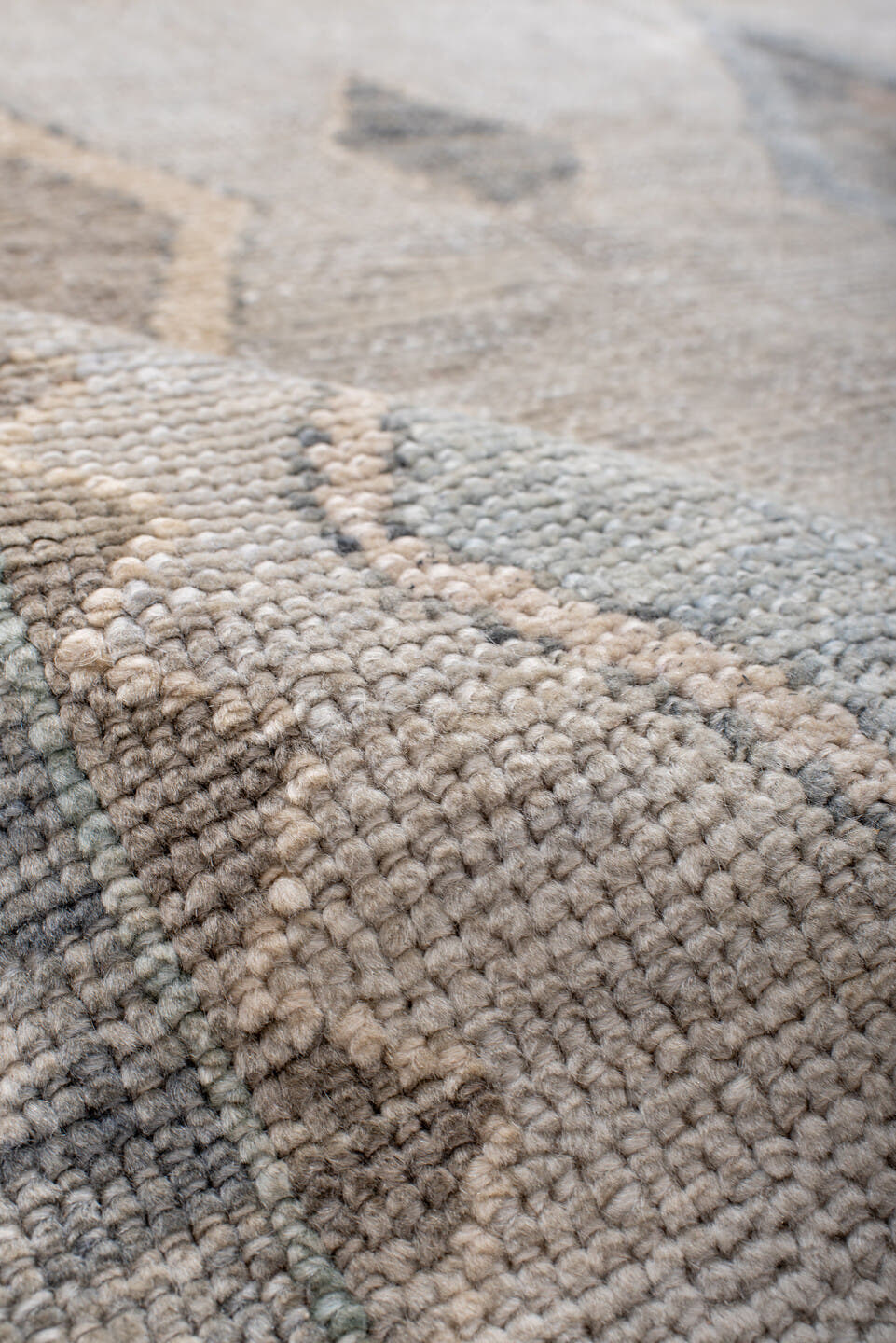 7' x 10' one-of-a-kind handmade vintage Oushak large size rug. Color palette: ivory, pale blue, taupe, cream, sage, camel