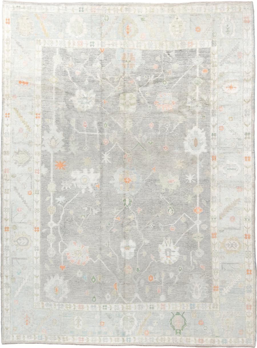 9' x 12' one-of-a-kind handmade vintage Oushak large size rug. Color palette: light gray, ivory, pale blue, sage, soft peach