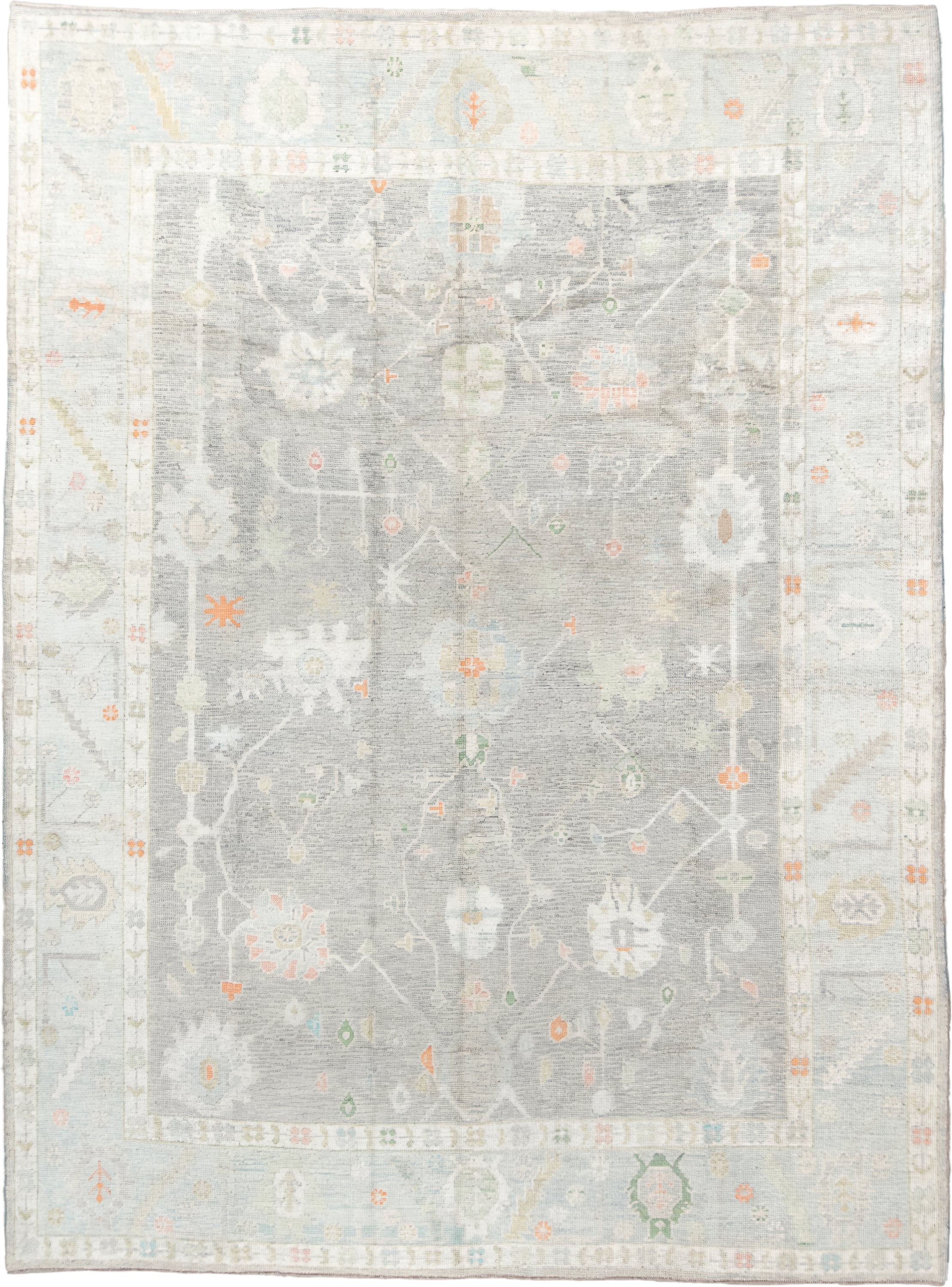 9' x 12' one-of-a-kind handmade vintage Oushak large size rug. Color palette: light gray, ivory, pale blue, sage, soft peach