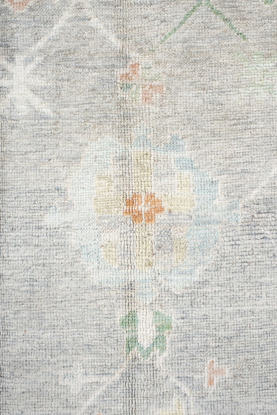 9' x 12' one-of-a-kind handmade vintage Oushak large size rug. Color palette: light gray, ivory, pale blue, sage, soft peach