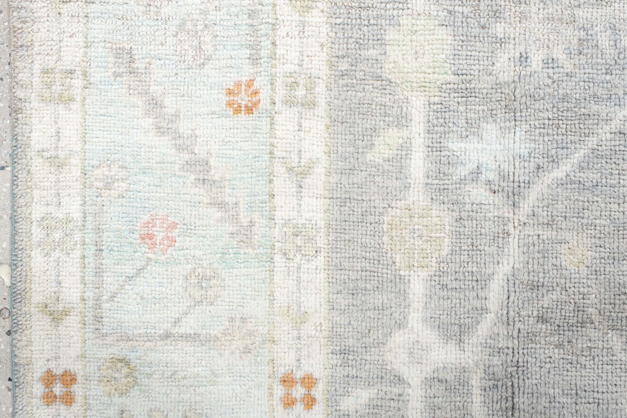 9' x 12' one-of-a-kind handmade vintage Oushak large size rug. Color palette: light gray, ivory, pale blue, sage, soft peach