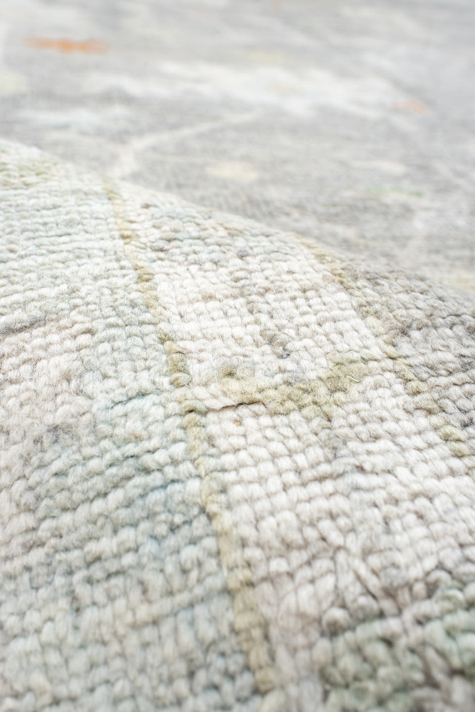 9' x 12' one-of-a-kind handmade vintage Oushak large size rug. Color palette: light gray, ivory, pale blue, sage, soft peach