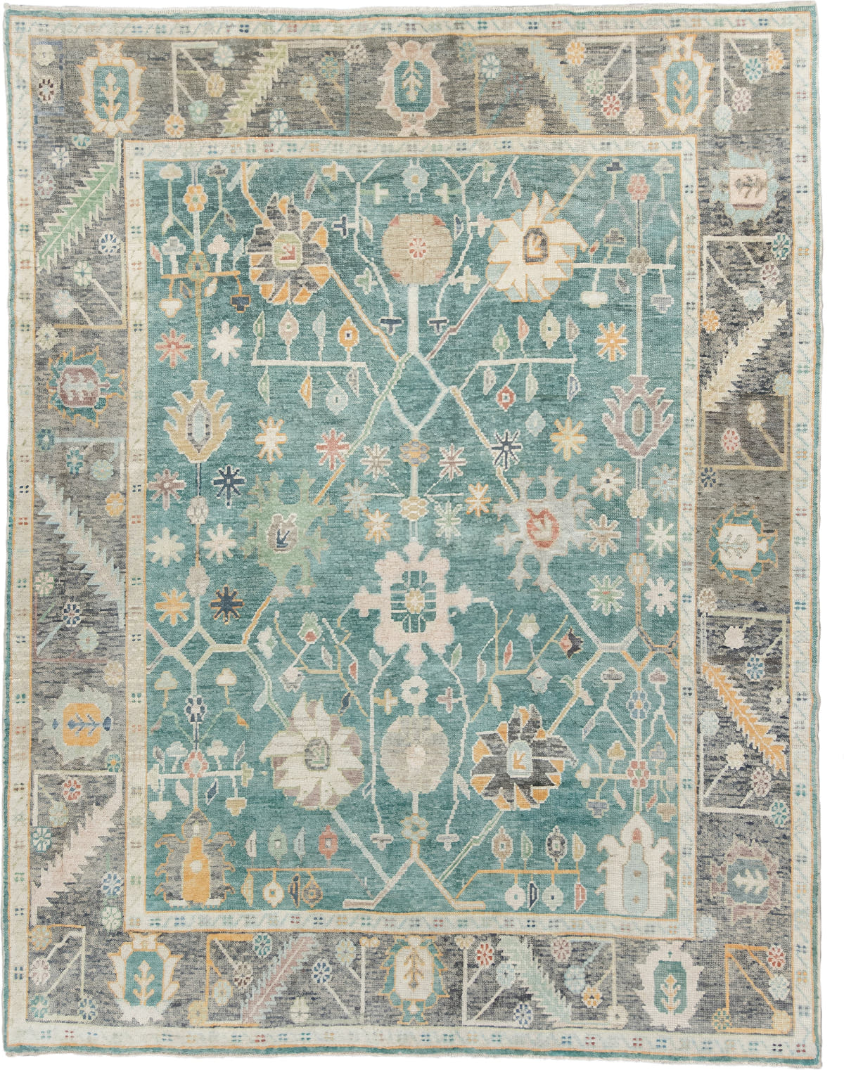 8' x 10' one-of-a-kind handmade vintage Oushak large size rug. Color palette: aqua, gray, ivory, gold, sage, blush, taupe