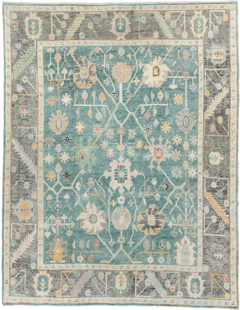 8' x 10' one-of-a-kind handmade vintage Oushak large size rug. Color palette: aqua, gray, ivory, gold, sage, blush, taupe