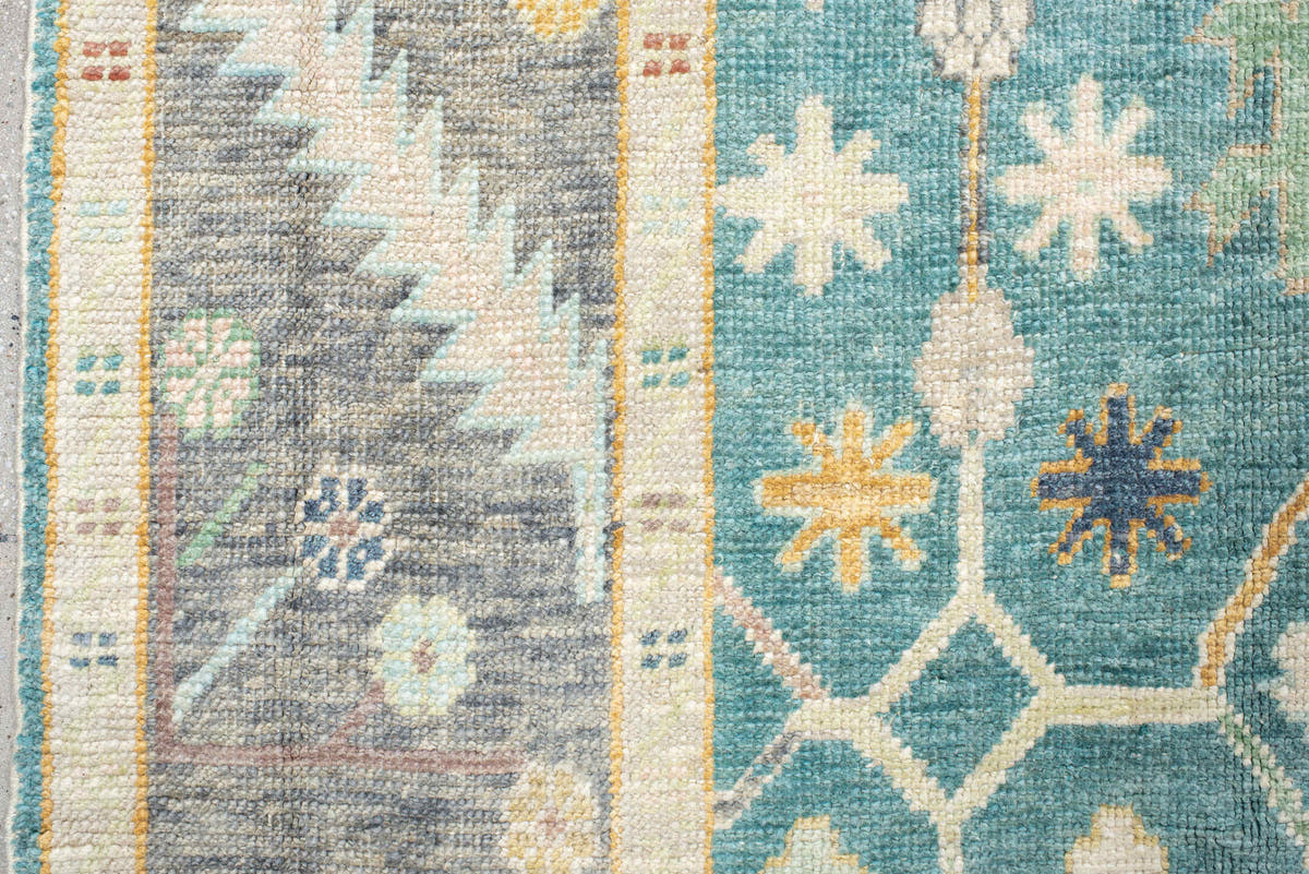 8' x 10' one-of-a-kind handmade vintage Oushak large size rug. Color palette: aqua, gray, ivory, gold, sage, blush, taupe