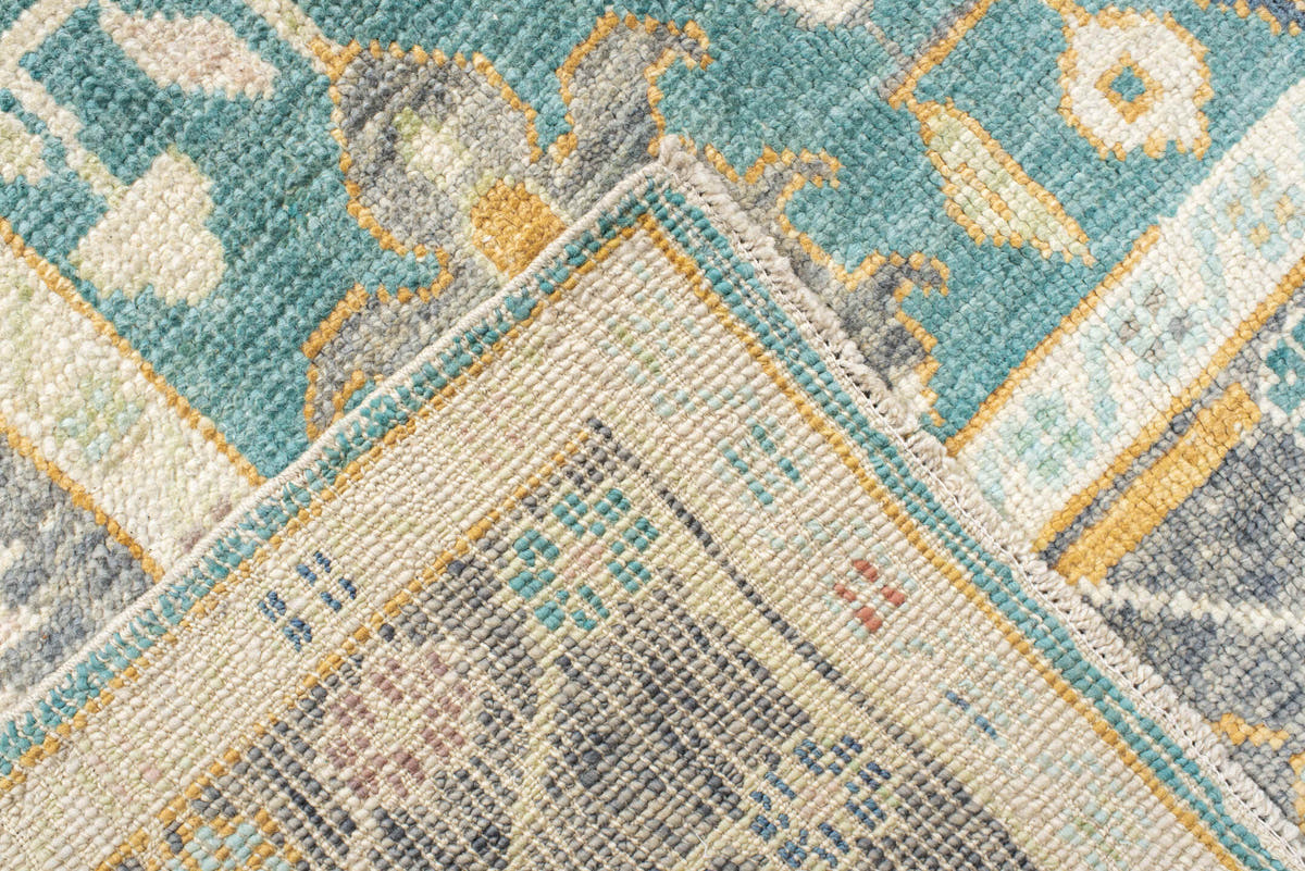 8' x 10' one-of-a-kind handmade vintage Oushak large size rug. Color palette: aqua, gray, ivory, gold, sage, blush, taupe