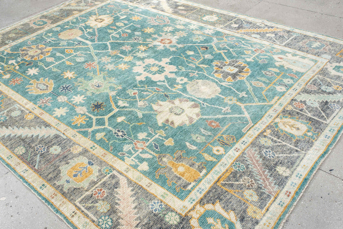 8' x 10' one-of-a-kind handmade vintage Oushak large size rug. Color palette: aqua, gray, ivory, gold, sage, blush, taupe