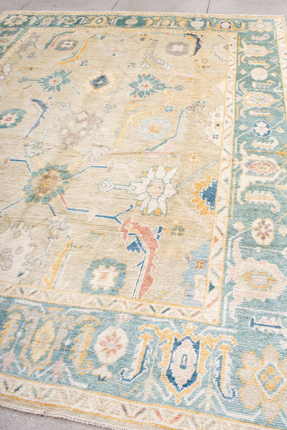 8' x 12' one-of-a-kind handmade vintage Oushak large size rug. Color palette: antiquewhite, blue, brown, dark gray