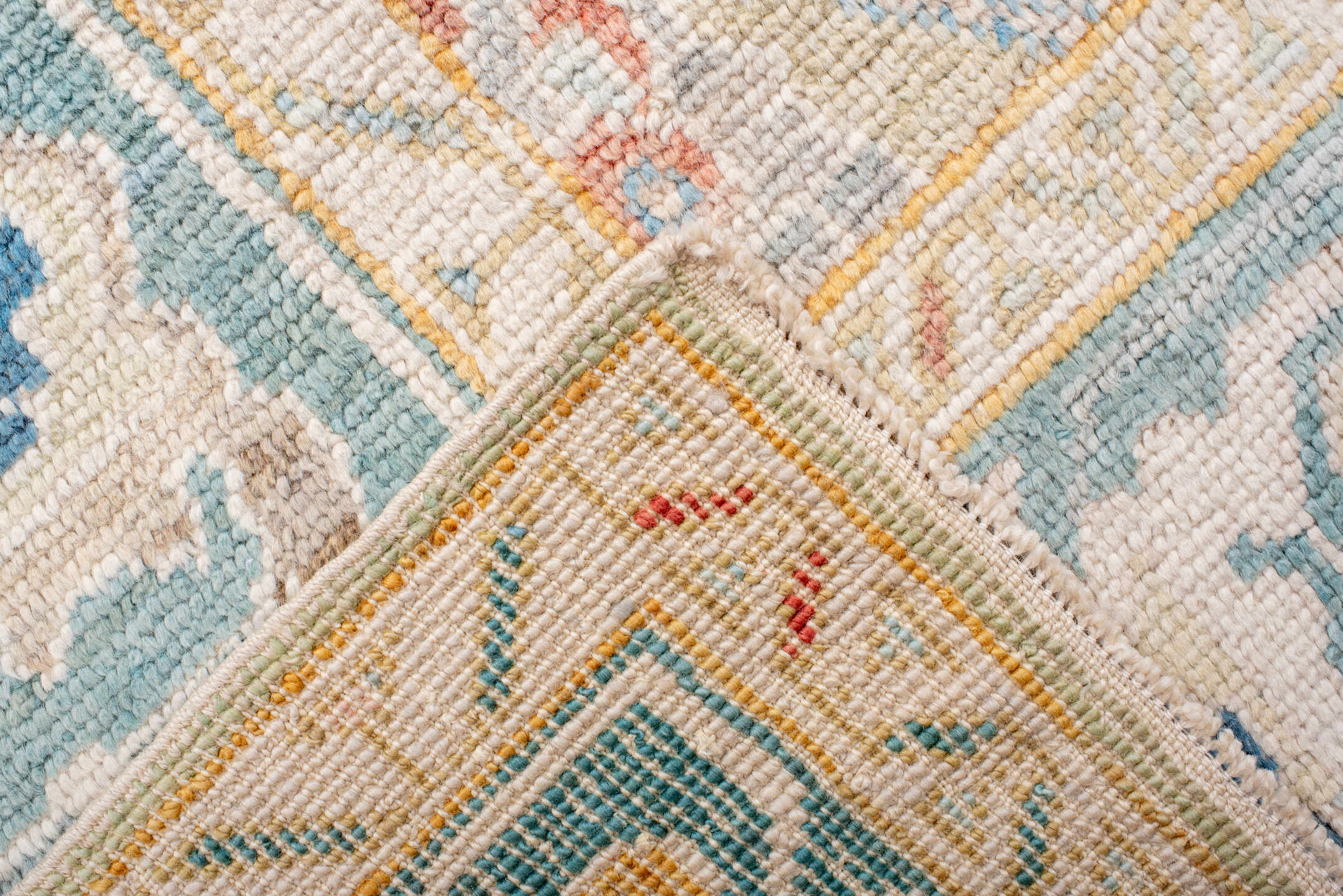 8' x 12' one-of-a-kind handmade vintage Oushak large size rug. Color palette: antiquewhite, blue, brown, dark gray