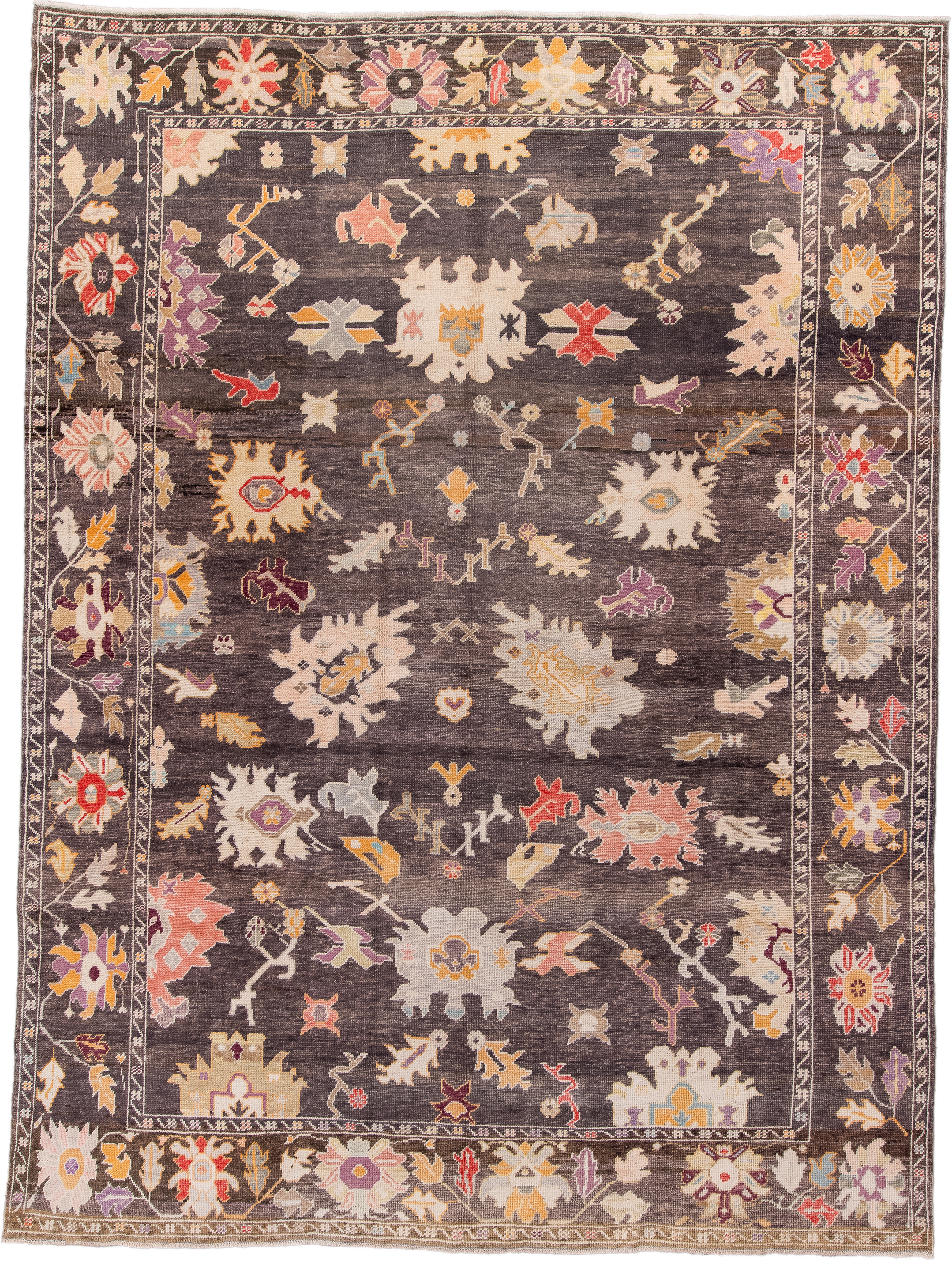 9' x 13' one-of-a-kind handmade vintage Oushak large size rug. Color palette: charcoal, ivory, taupe, blush, gold, lavender