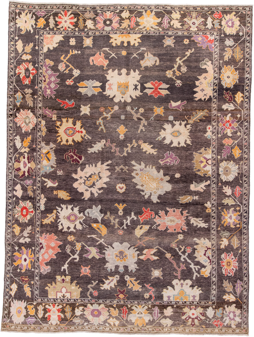 9' x 13' one-of-a-kind handmade vintage Oushak large size rug. Color palette: charcoal, ivory, taupe, blush, gold, lavender