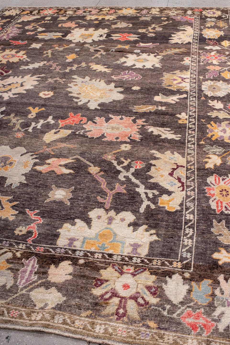 9' x 13' one-of-a-kind handmade vintage Oushak large size rug. Color palette: charcoal, ivory, taupe, blush, gold, lavender