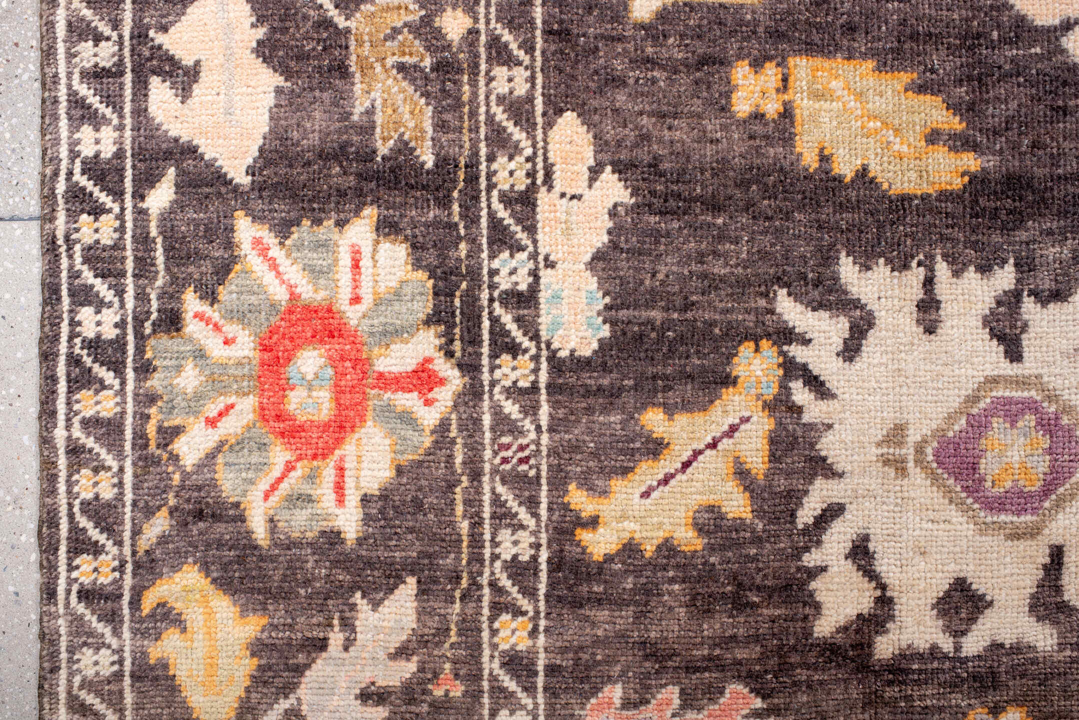 9' x 13' one-of-a-kind handmade vintage Oushak large size rug. Color palette: charcoal, ivory, taupe, blush, gold, lavender