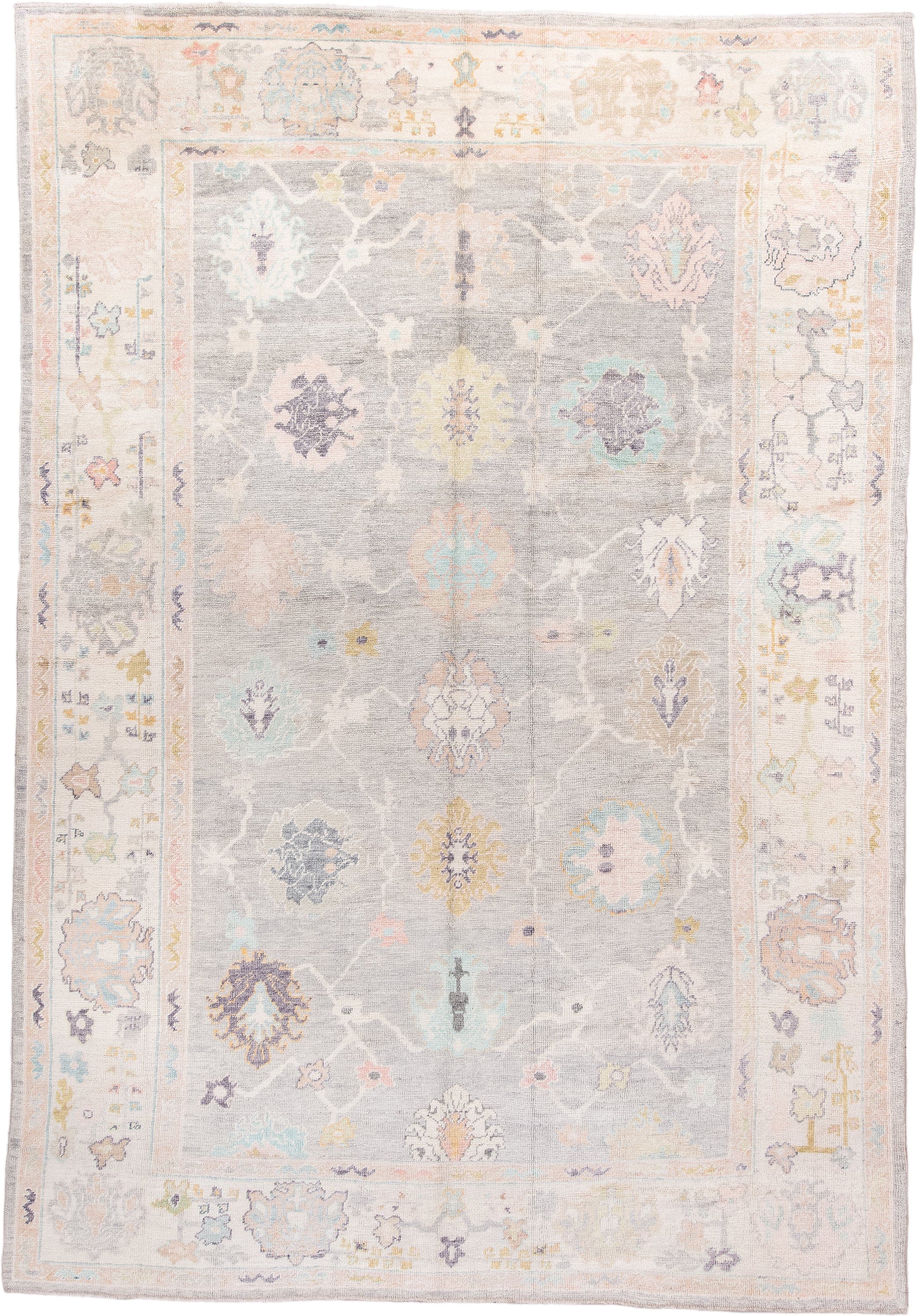 9' x 14' one-of-a-kind handmade vintage Oushak large size rug. Color palette: gray, ivory, blush, aqua, lavender, gold