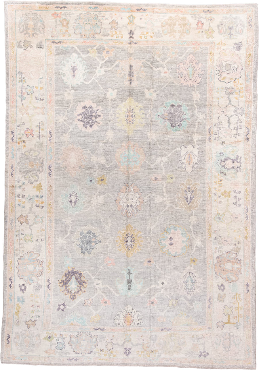 9' x 14' one-of-a-kind handmade vintage Oushak large size rug. Color palette: gray, ivory, blush, aqua, lavender, gold