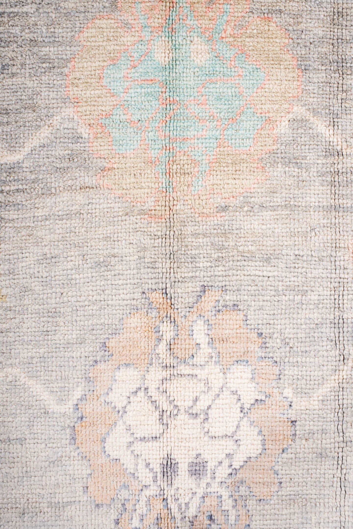 9' x 14' one-of-a-kind handmade vintage Oushak large size rug. Color palette: gray, ivory, blush, aqua, lavender, gold