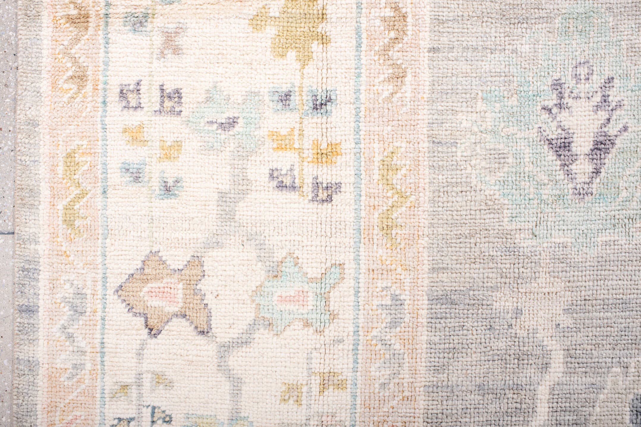 9' x 14' one-of-a-kind handmade vintage Oushak large size rug. Color palette: gray, ivory, blush, aqua, lavender, gold