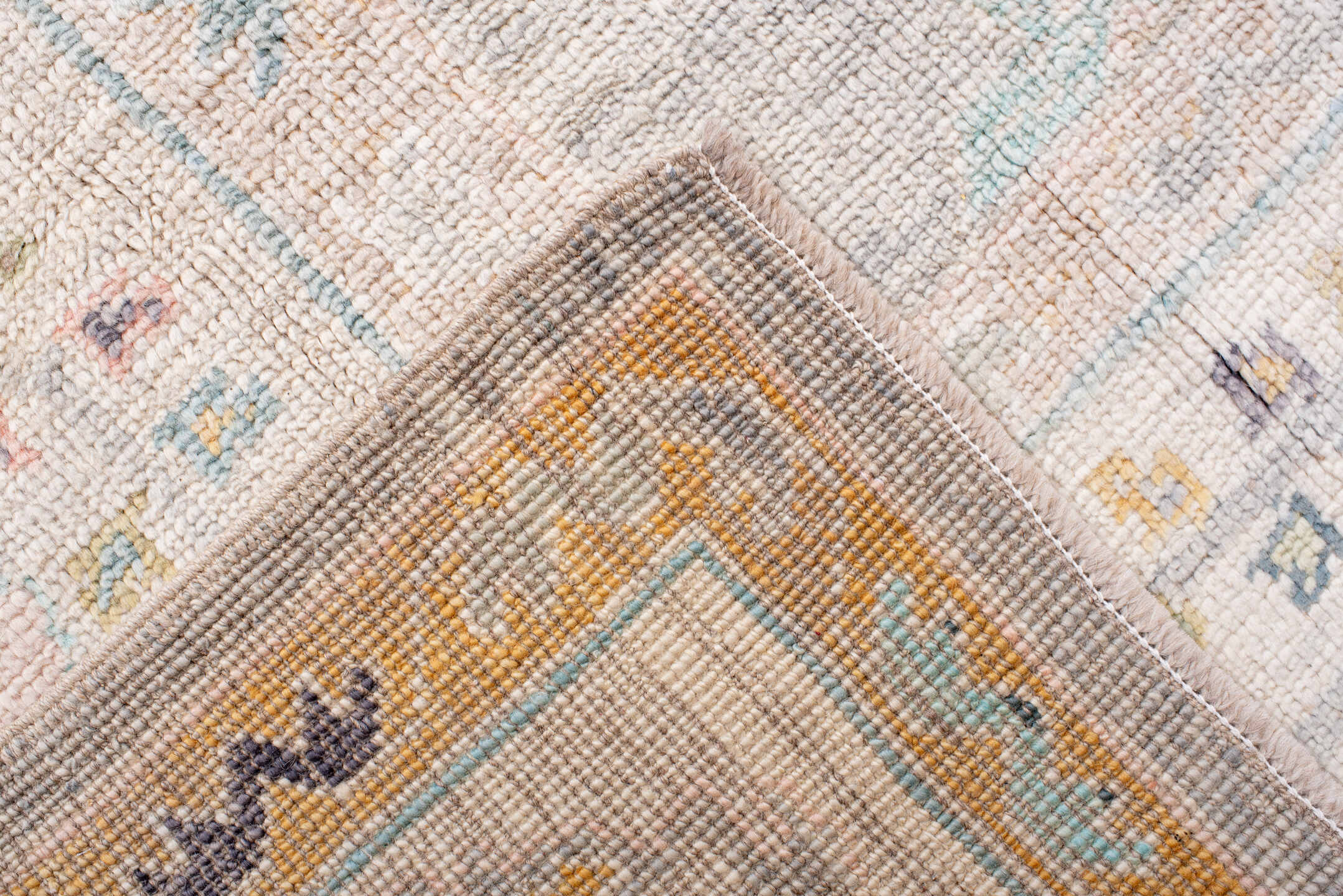 9' x 14' one-of-a-kind handmade vintage Oushak large size rug. Color palette: gray, ivory, blush, aqua, lavender, gold