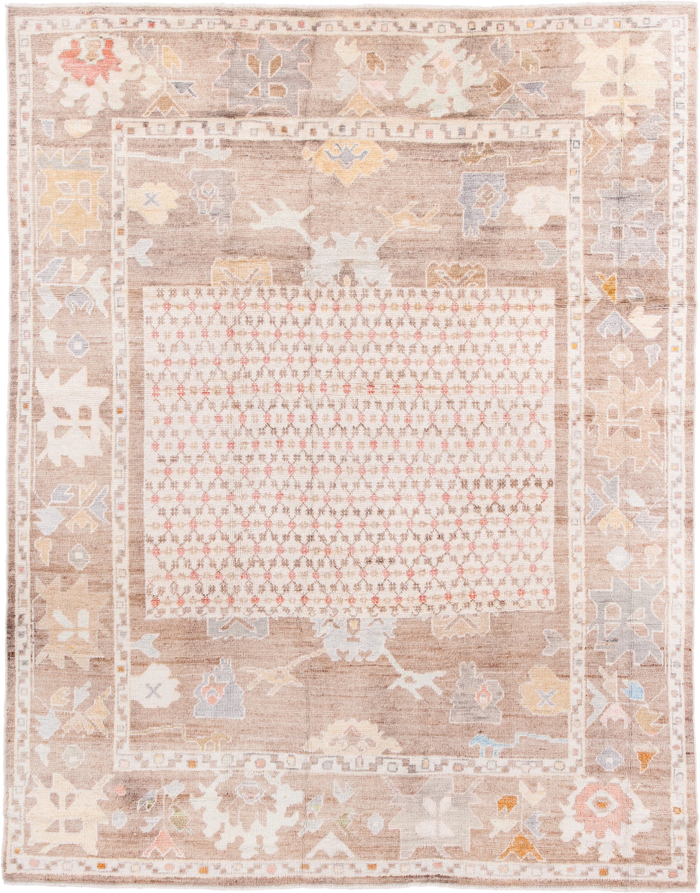 8' x 10' one-of-a-kind handmade vintage Oushak large size rug. Color palette: taupe, ivory, cream, blush, pale gold