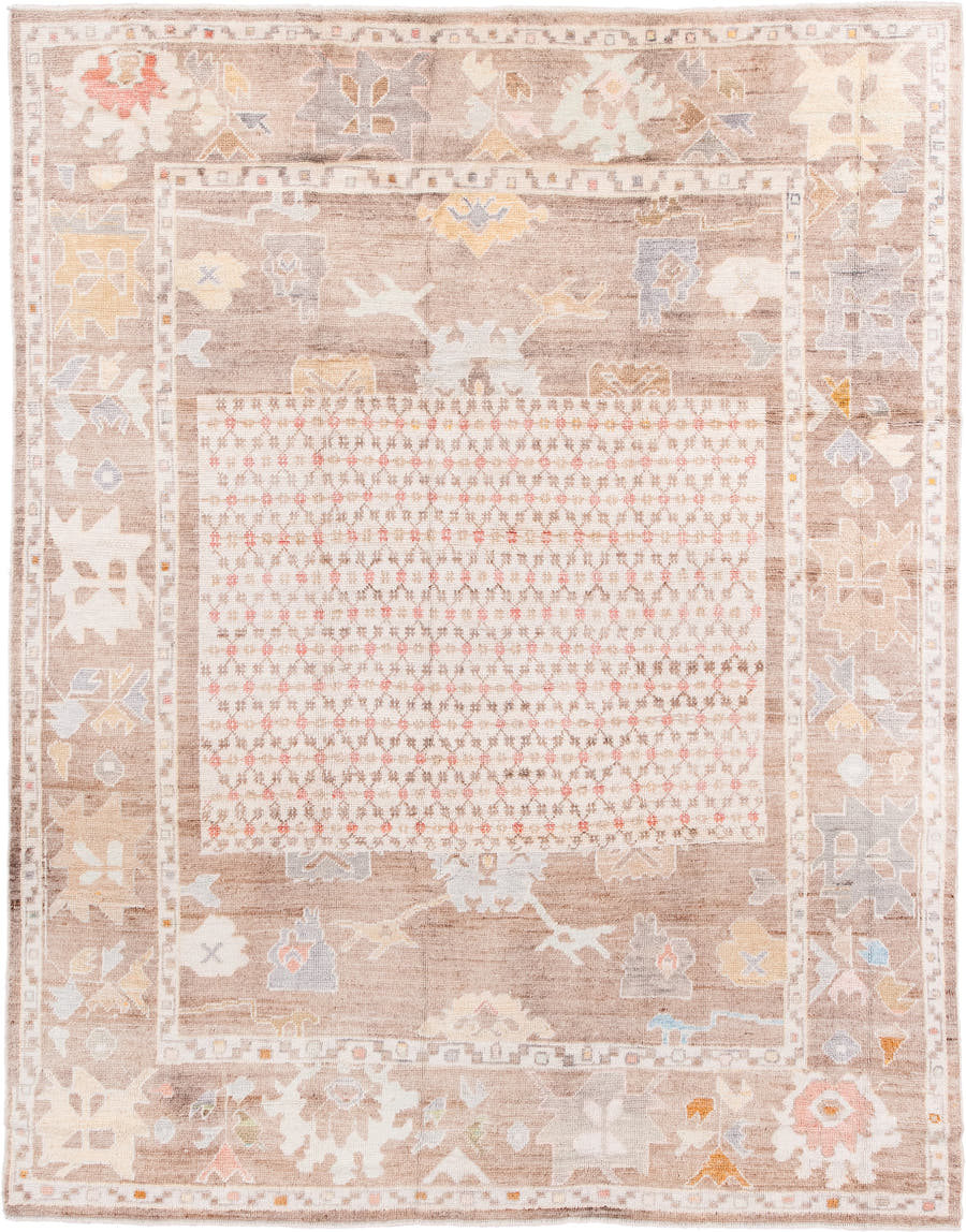 8' x 10' one-of-a-kind handmade vintage Oushak large size rug. Color palette: taupe, ivory, cream, blush, pale gold