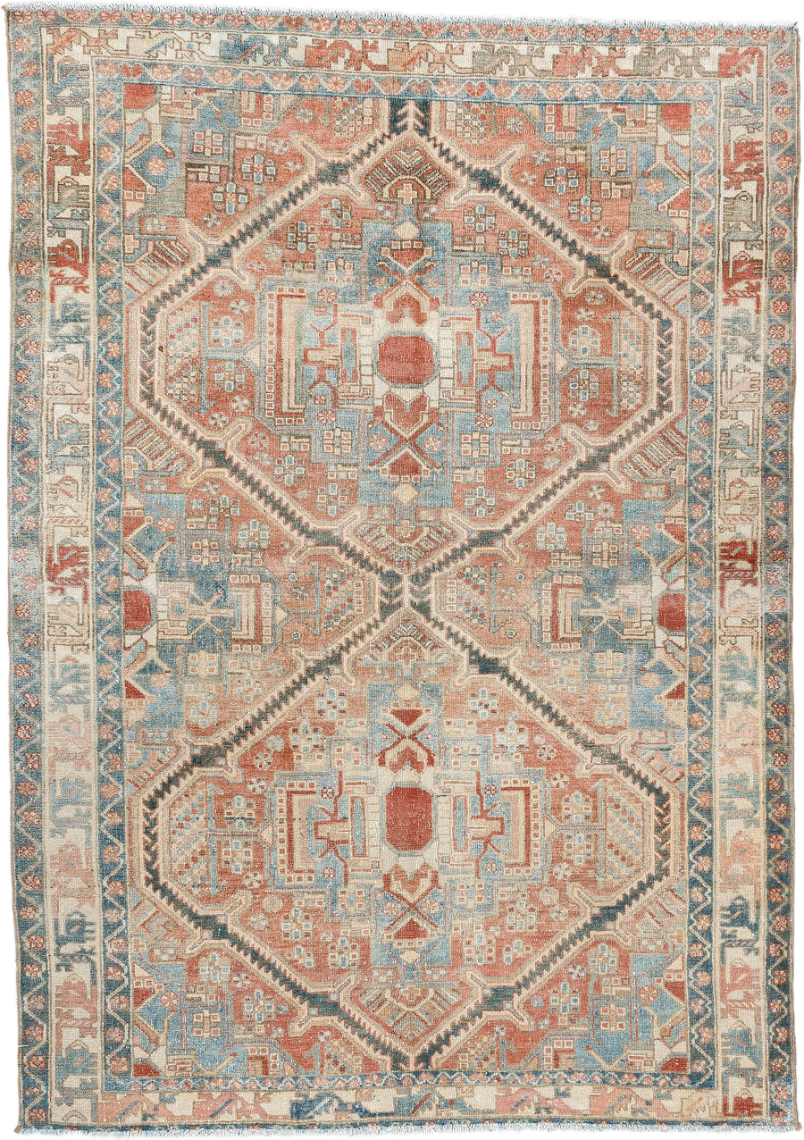 4' x 6' one-of-a-kind handmade antique Baktiary rug. Color palette: terra cotta, ivory, sky blue, slate, camel, rust