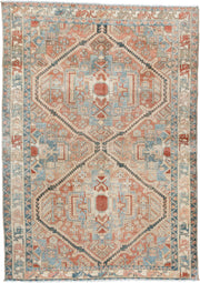 4' x 6' one-of-a-kind handmade antique Baktiary rug. Color palette: terra cotta, ivory, sky blue, slate, camel, rust