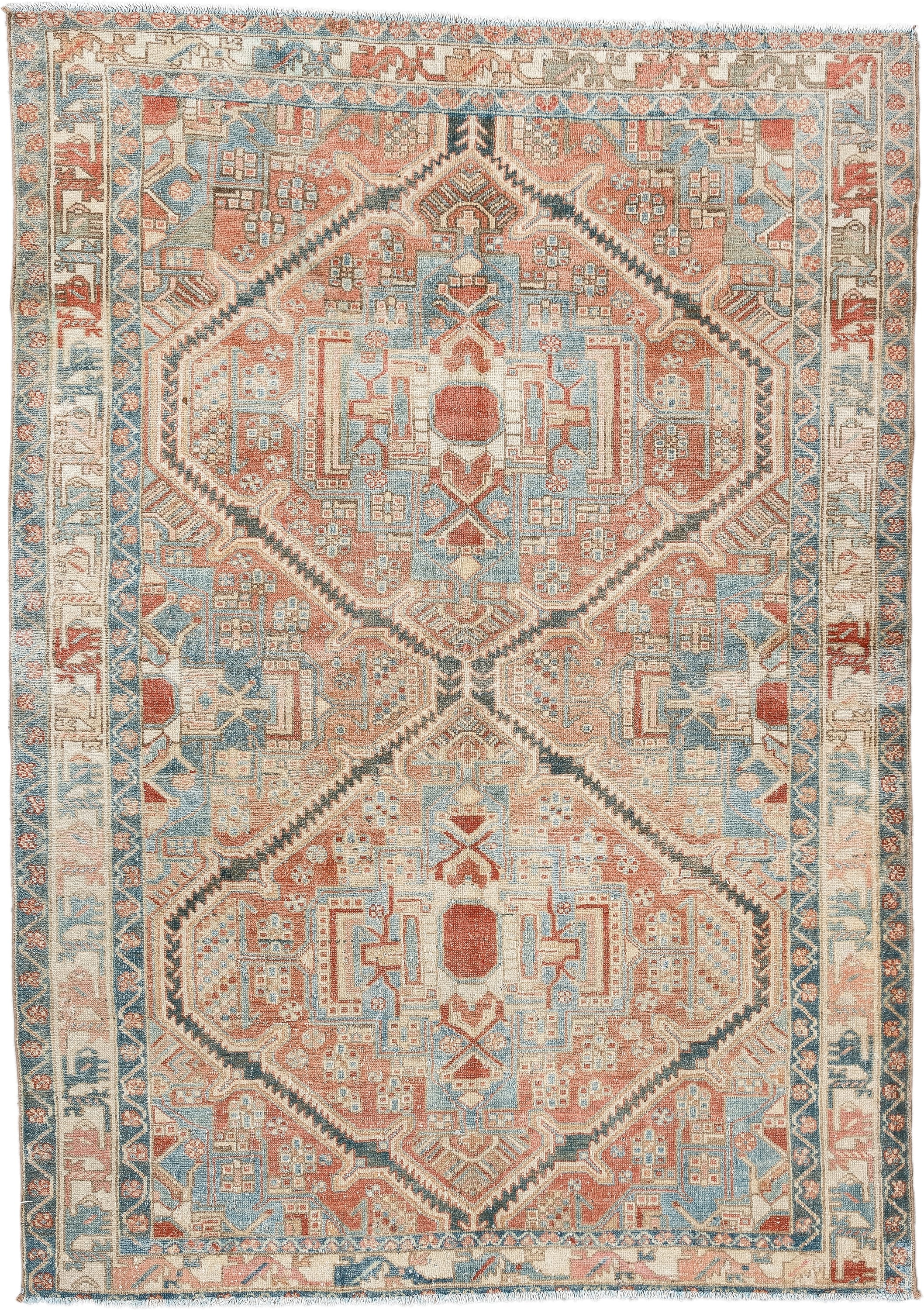 4' x 6' one-of-a-kind handmade antique Baktiary rug. Color palette: terra cotta, ivory, sky blue, slate, camel, rust