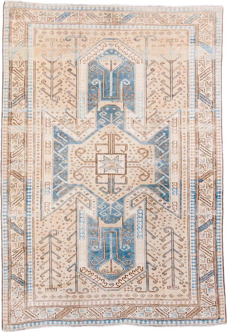 4' x 6' one-of-a-kind handmade vintage Anatolian rug. Color palette: ivory, sky blue, camel, taupe, beige, brown, light blue