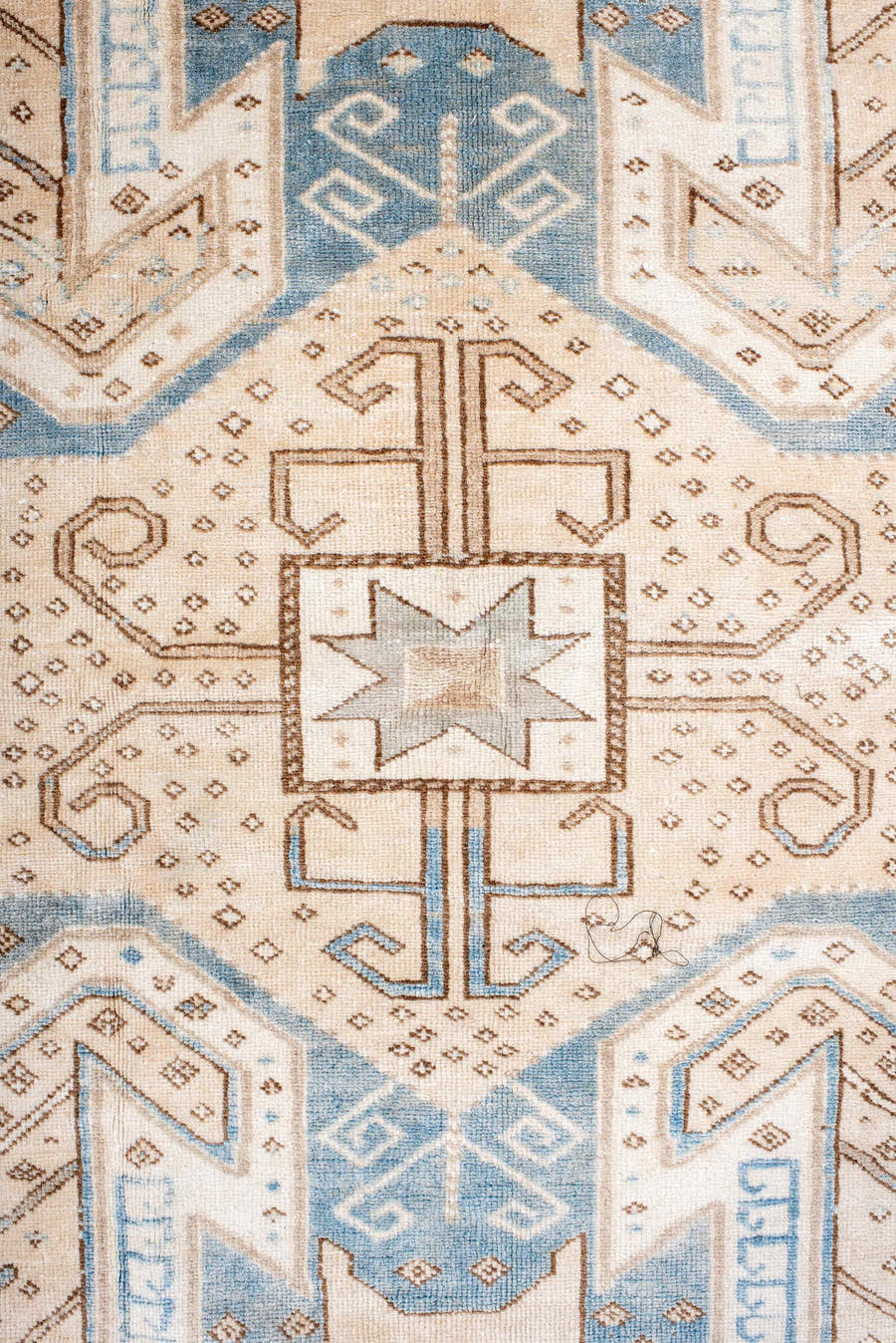 4' x 6' one-of-a-kind handmade vintage Anatolian rug. Color palette: ivory, sky blue, camel, taupe, beige, brown, light blue