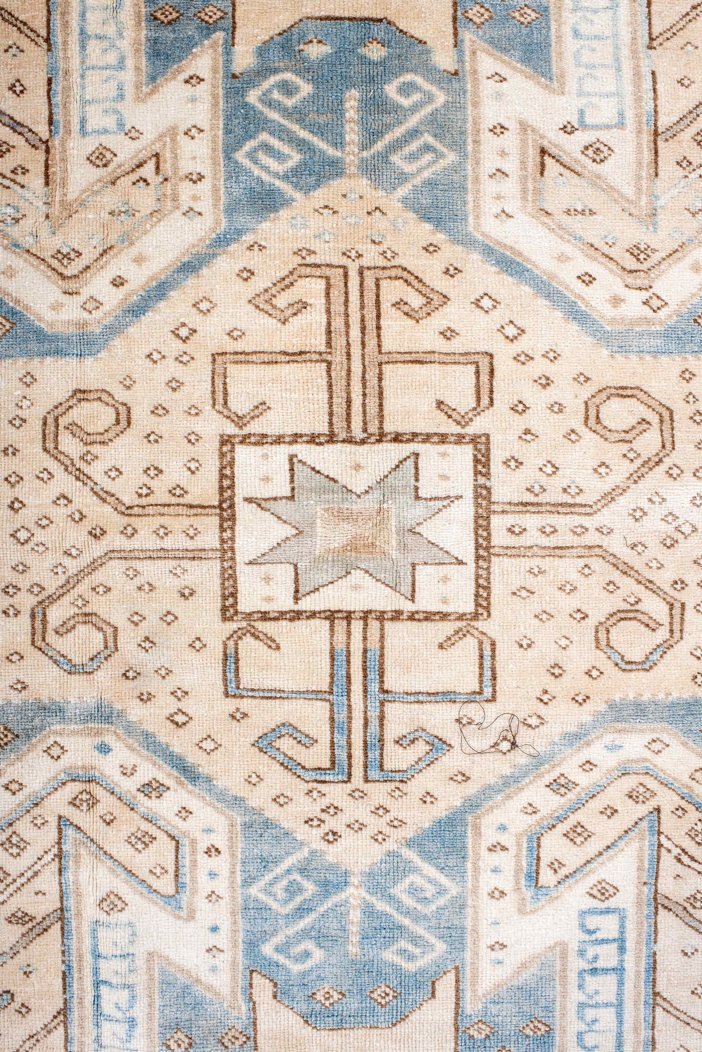4' x 6' one-of-a-kind handmade vintage Anatolian rug. Color palette: ivory, sky blue, camel, taupe, beige, brown, light blue