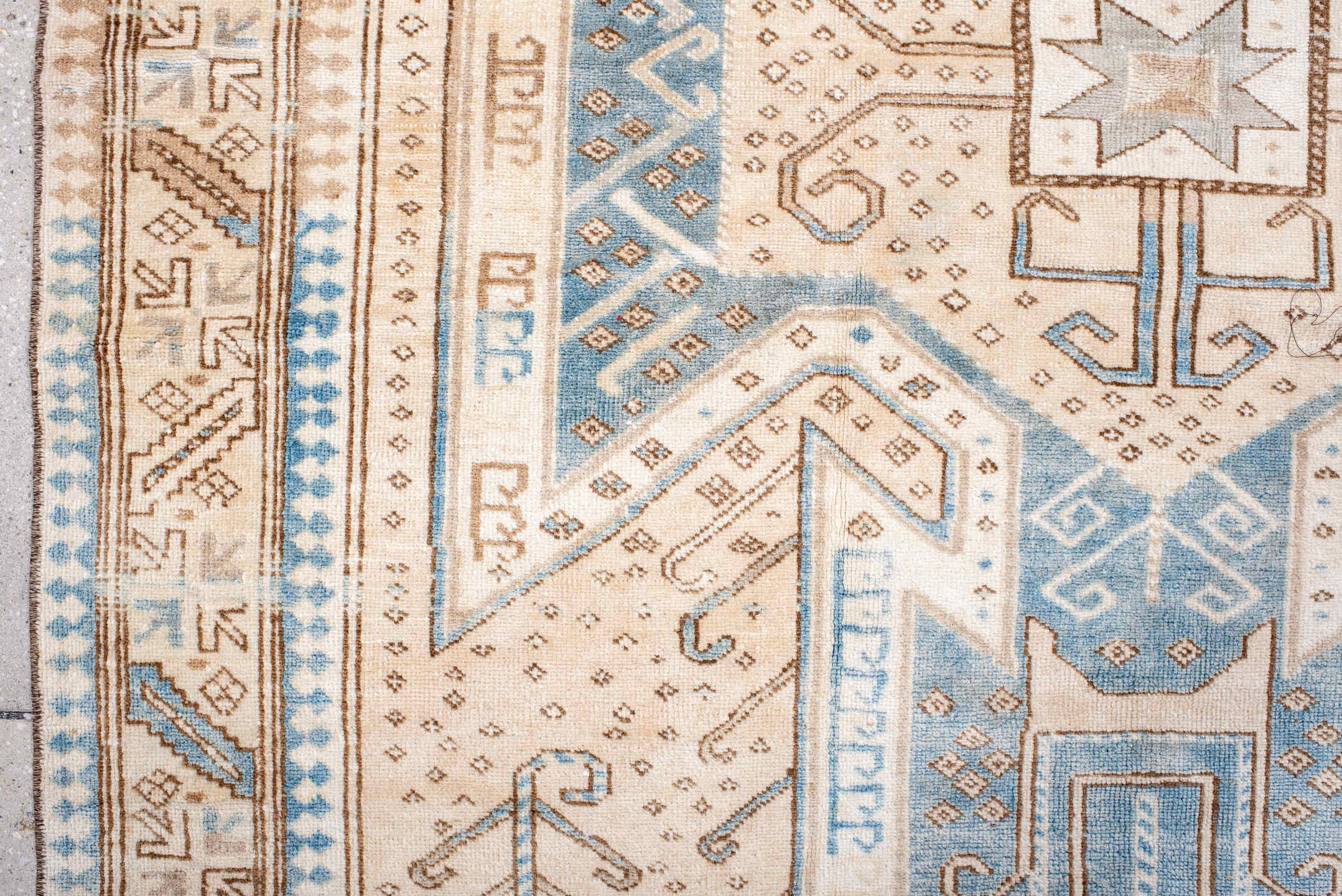 4' x 6' one-of-a-kind handmade vintage Anatolian rug. Color palette: ivory, sky blue, camel, taupe, beige, brown, light blue