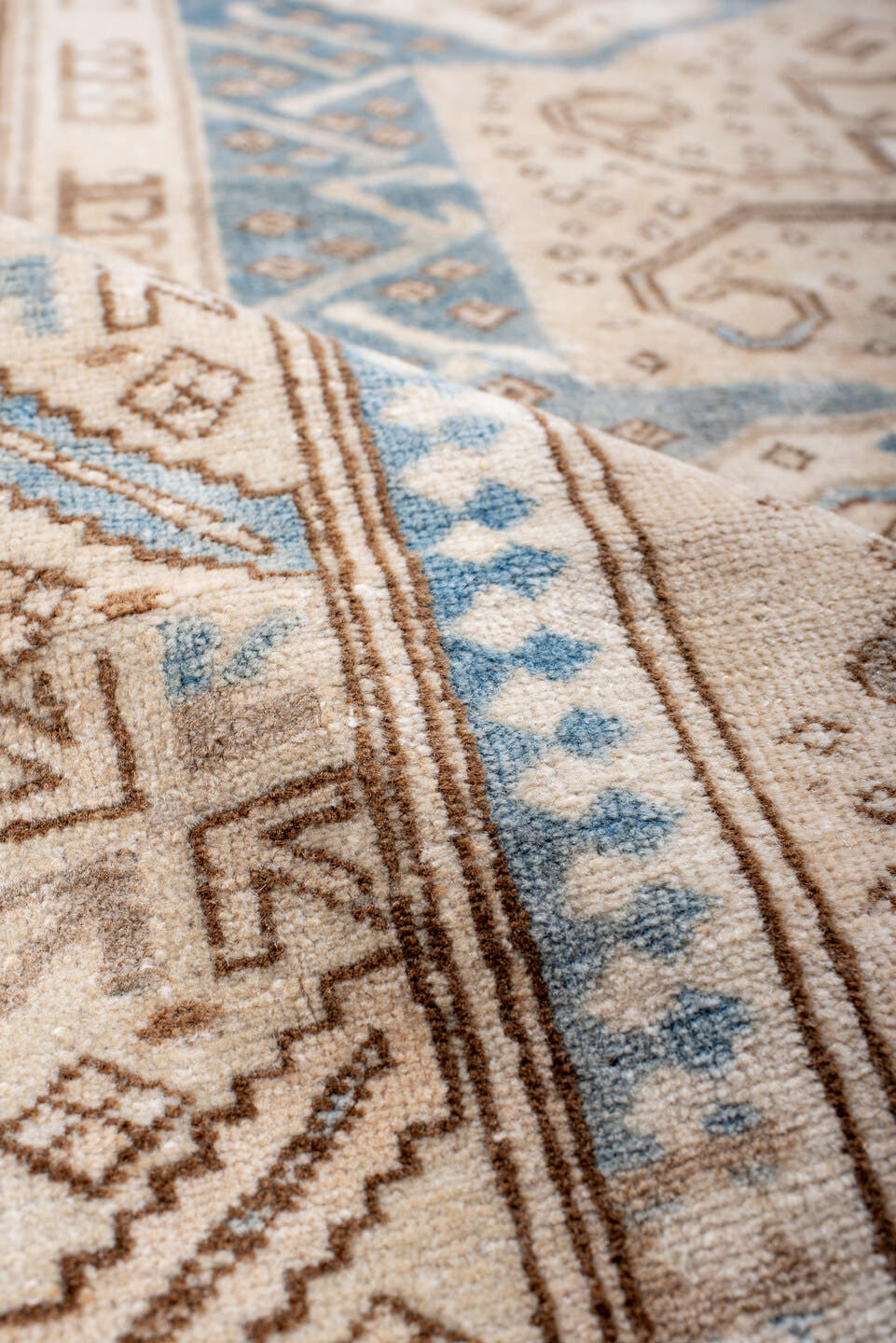 4' x 6' one-of-a-kind handmade vintage Anatolian rug. Color palette: ivory, sky blue, camel, taupe, beige, brown, light blue
